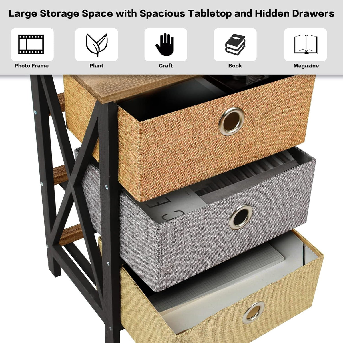 Set of 2 Nightstands with 3-Drawer Storage, Bedroom Bedside Tables with Wood Top and Fabric Bins, Compact Organizer Units for Home Office and Living Room, Black and Brown