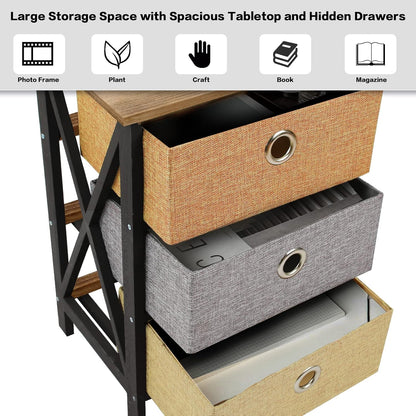 Set of 2 Nightstands with 3-Drawer Storage, Bedroom Bedside Tables with Wood Top and Fabric Bins, Compact Organizer Units for Home Office and Living Room, Black and Brown