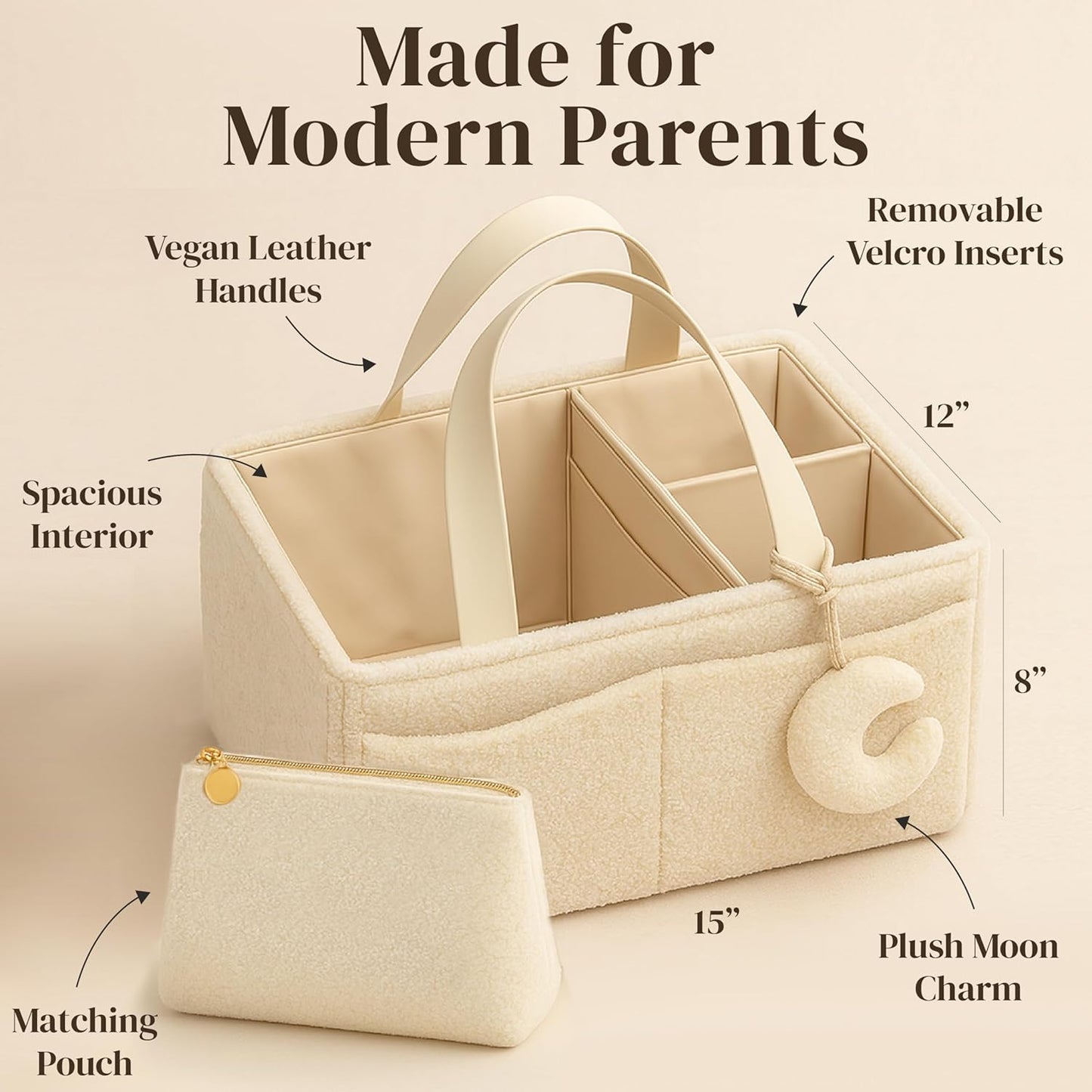 Bouclé Diaper Caddy Organizer with Matching Pouch and Moon Pendant, Portable Baby Changing Table Storage Basket for Nursery, Baby Essentials and Baby Shower Gift, Cream