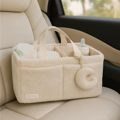 Bouclé Diaper Caddy Organizer with Matching Pouch and Moon Pendant, Portable Baby Changing Table Storage Basket for Nursery, Baby Essentials and Baby Shower Gift, Cream