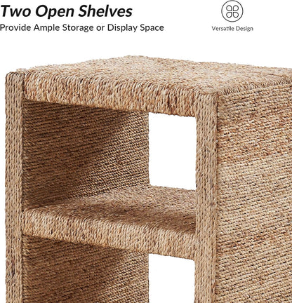 Rattan Nightstand with 2 Open Shelves, Coastal Seagrass End Table, Natural Boho Side Table for Bedroom & Living Room Storage