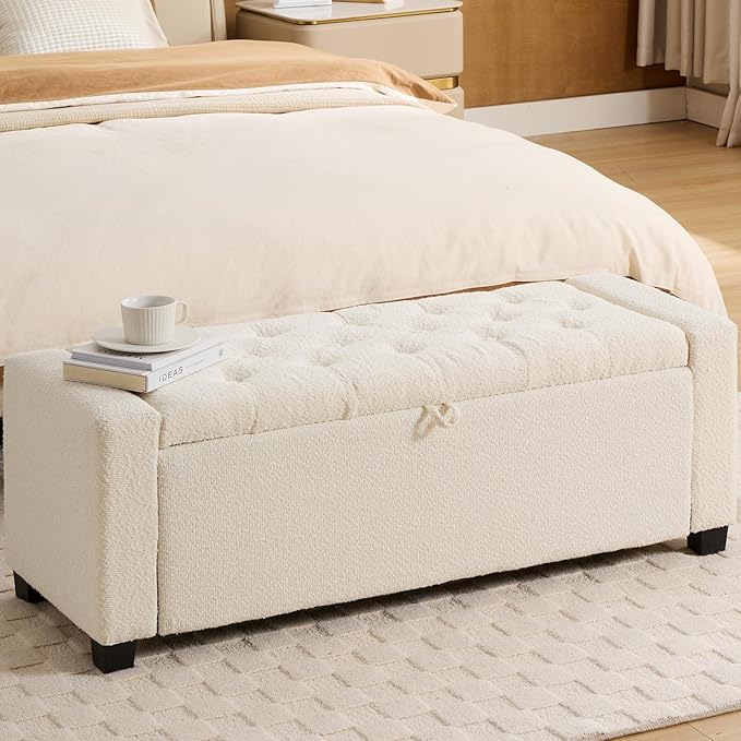 Storage Ottoman Bench with Hidden Storage, Upholstered Bench for Bedroom End of Bed, Living Room & Entryway Seating, White Modern Design