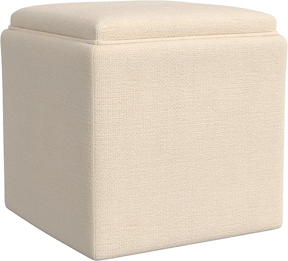 Modern Square Storage Ottoman with Tray Top and Hidden Storage, Upholstered Woven Footrest Coffee Table for Living Room, Bedroom and Home Décor, Light Brown