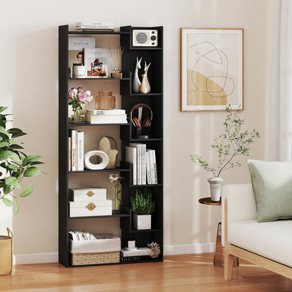 6-Tier Modern Bookshelf with Staggered Open Shelves, Wooden Bookcase Storage Display Unit with Anti-Tip Kit for Living Room, Bedroom and Home Office, Black