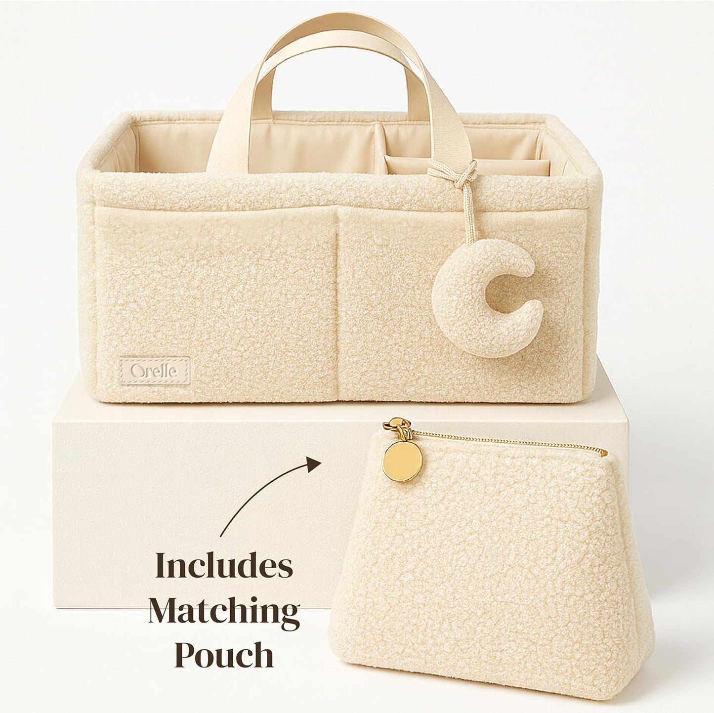 Bouclé Diaper Caddy Organizer with Matching Pouch and Moon Pendant, Portable Baby Changing Table Storage Basket for Nursery, Baby Essentials and Baby Shower Gift, Cream
