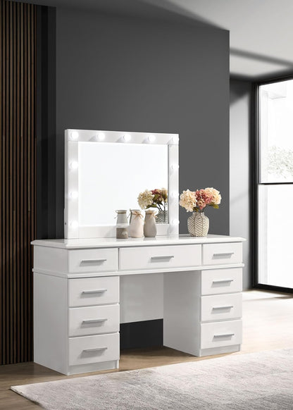 Luxury 54-Inch Vanity Dressing Table with 9 Drawers, LED Lighted Mirror and High Gloss Finish Makeup Vanity Set for Bedroom