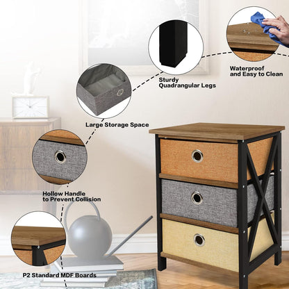 Set of 2 Nightstands with 3-Drawer Storage, Bedroom Bedside Tables with Wood Top and Fabric Bins, Compact Organizer Units for Home Office and Living Room, Black and Brown
