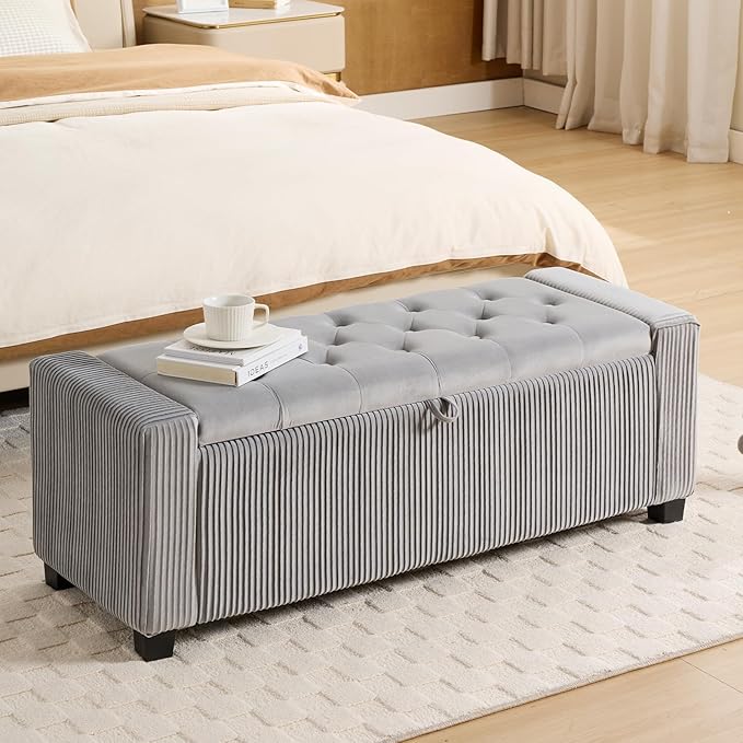 Storage Ottoman Bench with Hidden Storage, Upholstered Bench for Bedroom End of Bed, Living Room & Entryway Seating, White Modern Design