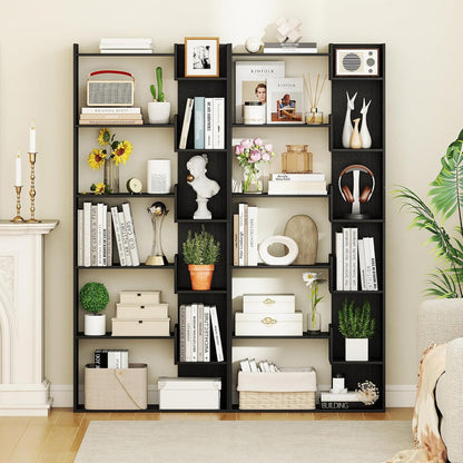6-Tier Modern Bookshelf with Staggered Open Shelves, Wooden Bookcase Storage Display Unit with Anti-Tip Kit for Living Room, Bedroom and Home Office, Black