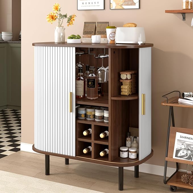 Fluted Wine Bar Cabinet with Wine Rack and Glass Holder, Sliding Door Buffet Sideboard with Storage Shelves for Home Bar, Dining Room and Kitchen, Natural Wood Finish