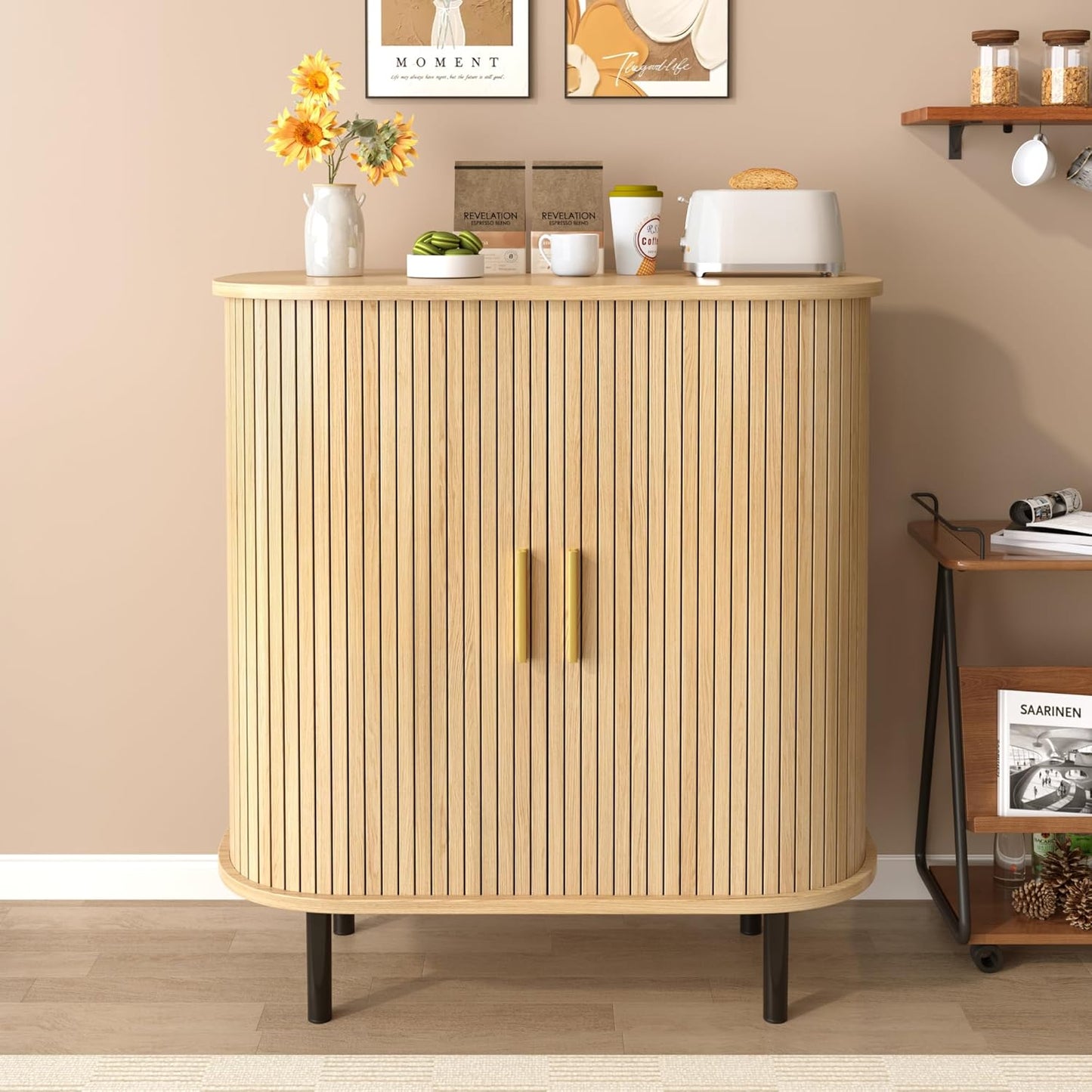 Fluted Wine Bar Cabinet with Wine Rack and Glass Holder, Sliding Door Buffet Sideboard with Storage Shelves for Home Bar, Dining Room and Kitchen, Natural Wood Finish