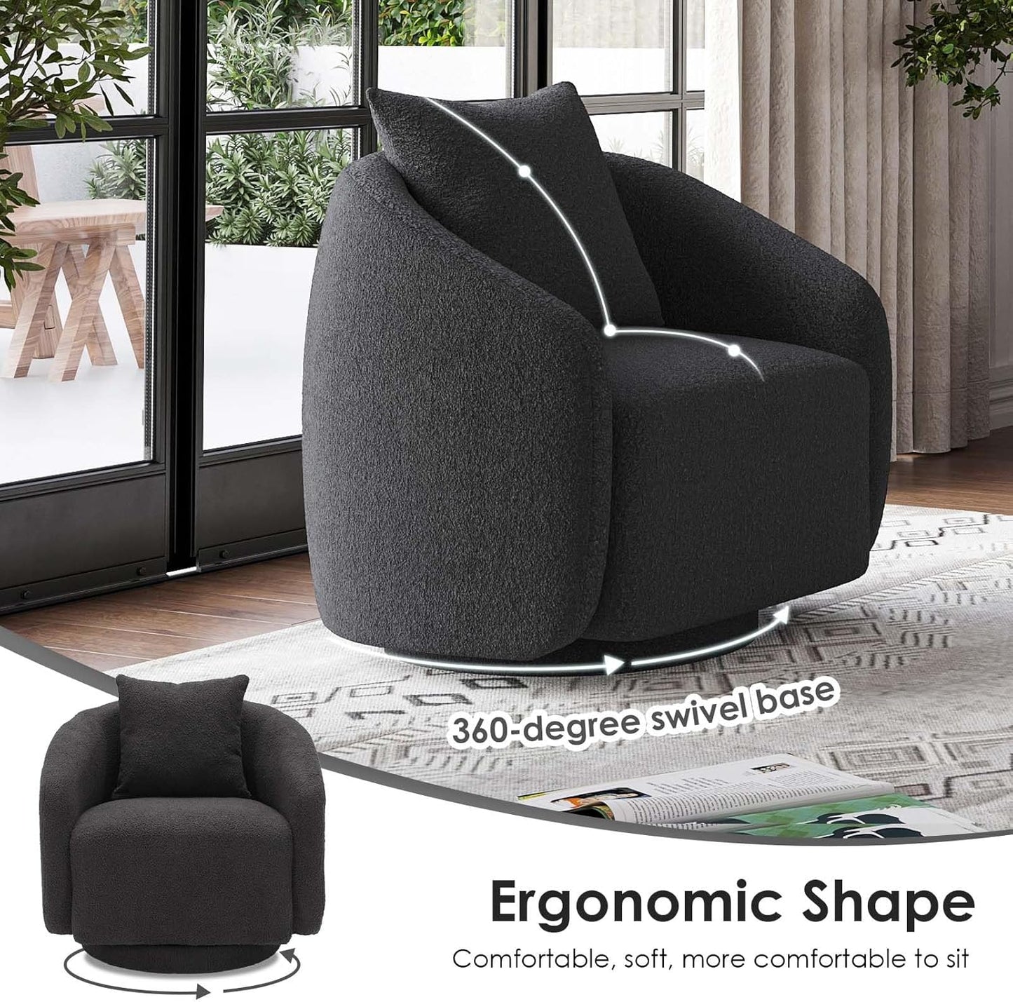 360° Swivel Barrel Accent Chair, Modern Black Lounge Armchair, Comfortable Single Sofa for Living Room, Bedroom & Leisure Seating