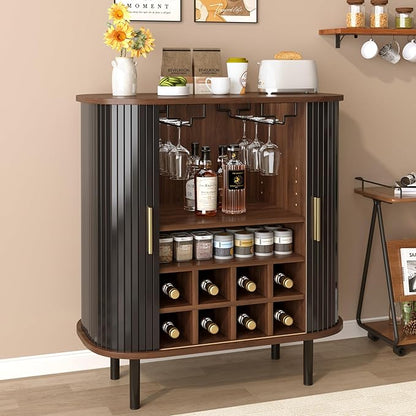 Fluted Wine Bar Cabinet with Wine Rack and Glass Holder, Sliding Door Buffet Sideboard with Storage Shelves for Home Bar, Dining Room and Kitchen, Natural Wood Finish