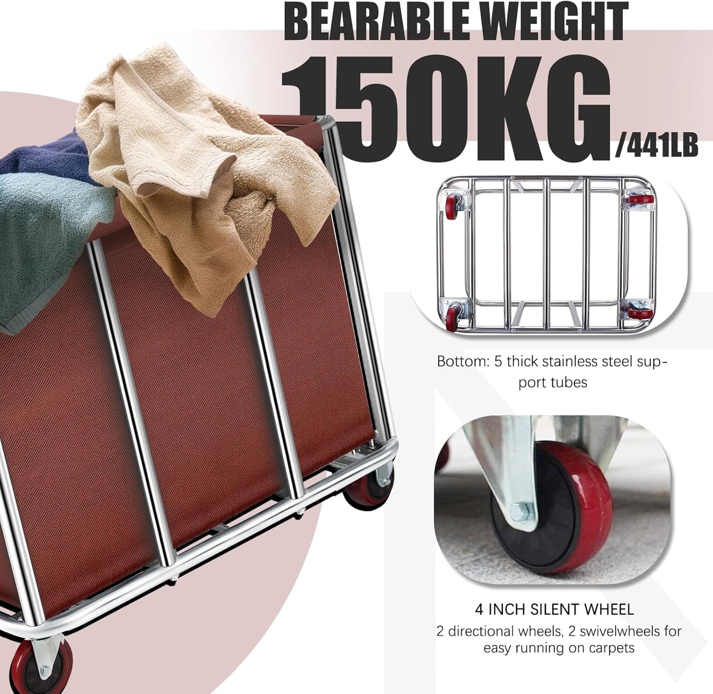 Heavy-Duty Commercial Laundry Cart on Wheels, 11.35 Bushels Large Capacity Rolling Laundry Basket with Removable Waterproof Canvas Bag for Home, Hotels & Facilities