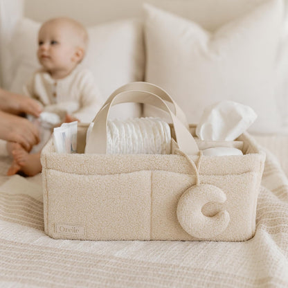 Bouclé Diaper Caddy Organizer with Matching Pouch and Moon Pendant, Portable Baby Changing Table Storage Basket for Nursery, Baby Essentials and Baby Shower Gift, Cream
