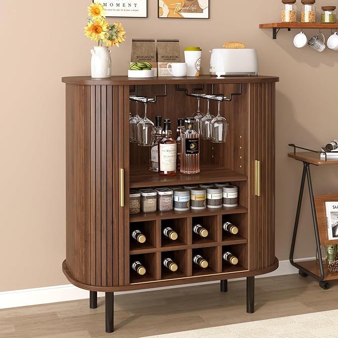 Fluted Wine Bar Cabinet with Wine Rack and Glass Holder, Sliding Door Buffet Sideboard with Storage Shelves for Home Bar, Dining Room and Kitchen, Natural Wood Finish