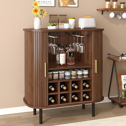 Fluted Wine Bar Cabinet with Wine Rack and Glass Holder, Sliding Door Buffet Sideboard with Storage Shelves for Home Bar, Dining Room and Kitchen, Natural Wood Finish