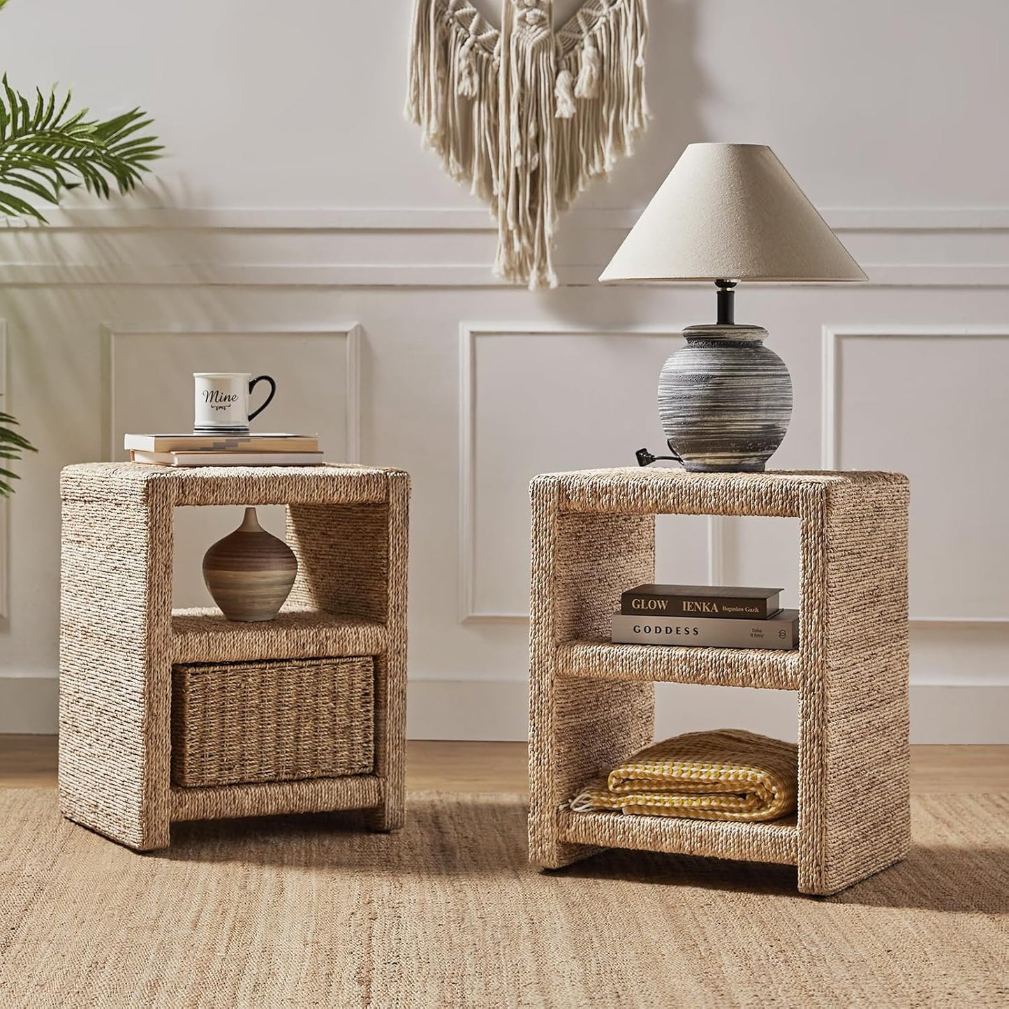 Rattan Nightstand with 2 Open Shelves, Coastal Seagrass End Table, Natural Boho Side Table for Bedroom & Living Room Storage