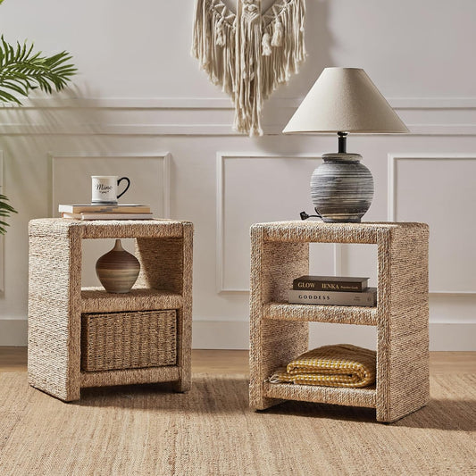Rattan Nightstand with 2 Open Shelves, Coastal Seagrass End Table, Natural Boho Side Table for Bedroom & Living Room Storage