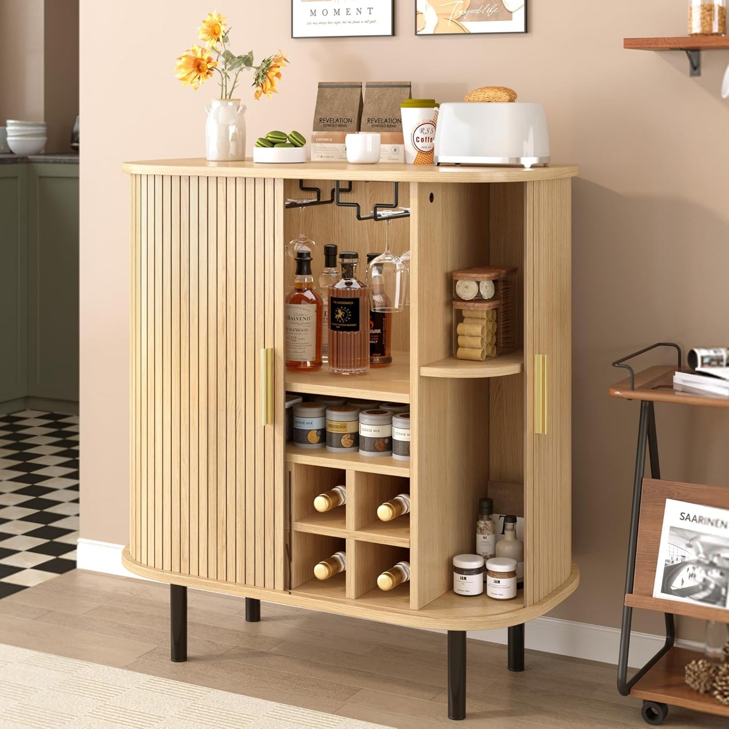 Fluted Wine Bar Cabinet with Wine Rack and Glass Holder, Sliding Door Buffet Sideboard with Storage Shelves for Home Bar, Dining Room and Kitchen, Natural Wood Finish