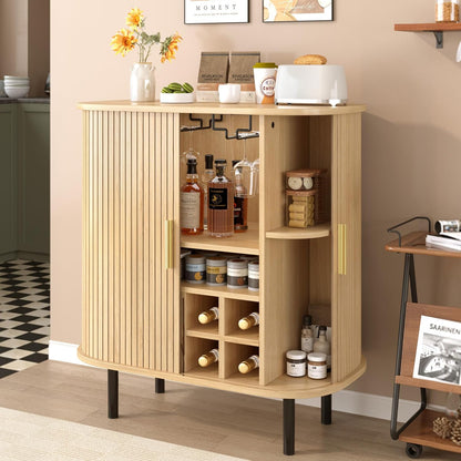 Fluted Wine Bar Cabinet with Wine Rack and Glass Holder, Sliding Door Buffet Sideboard with Storage Shelves for Home Bar, Dining Room and Kitchen, Natural Wood Finish