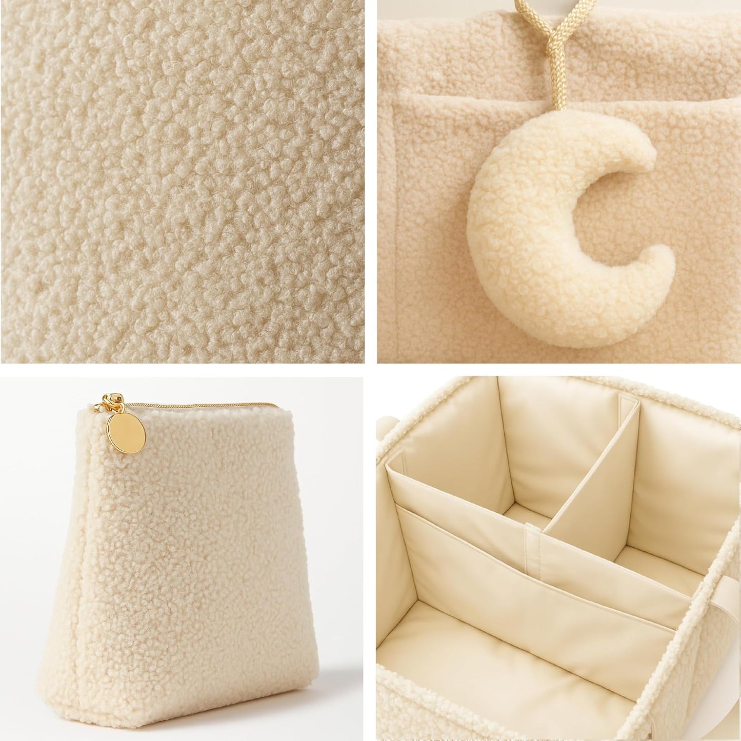 Bouclé Diaper Caddy Organizer with Matching Pouch and Moon Pendant, Portable Baby Changing Table Storage Basket for Nursery, Baby Essentials and Baby Shower Gift, Cream