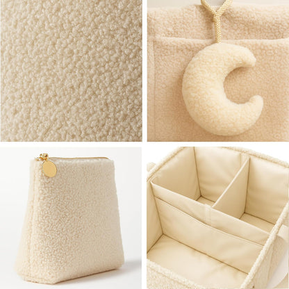 Bouclé Diaper Caddy Organizer with Matching Pouch and Moon Pendant, Portable Baby Changing Table Storage Basket for Nursery, Baby Essentials and Baby Shower Gift, Cream