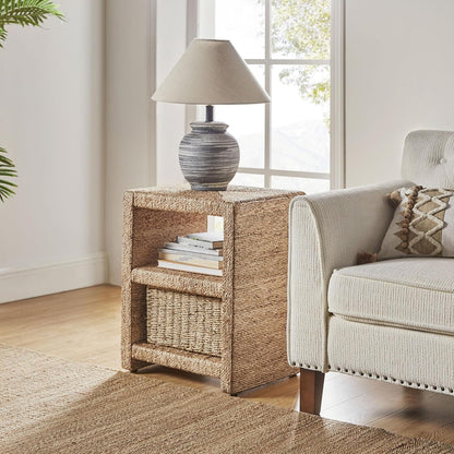 Rattan Nightstand with 2 Open Shelves, Coastal Seagrass End Table, Natural Boho Side Table for Bedroom & Living Room Storage