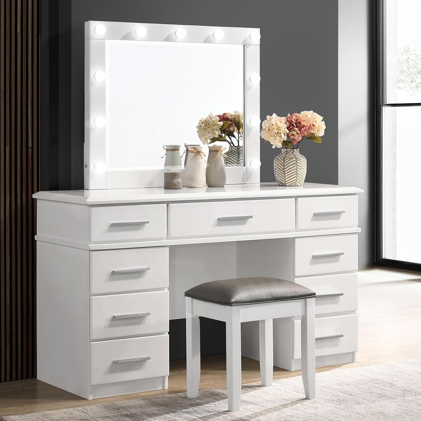 Luxury 54-Inch Vanity Dressing Table with 9 Drawers, LED Lighted Mirror and High Gloss Finish Makeup Vanity Set for Bedroom