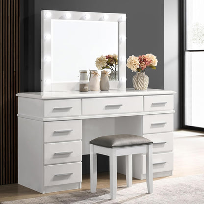 Luxury 54-Inch Vanity Dressing Table with 9 Drawers, LED Lighted Mirror and High Gloss Finish Makeup Vanity Set for Bedroom