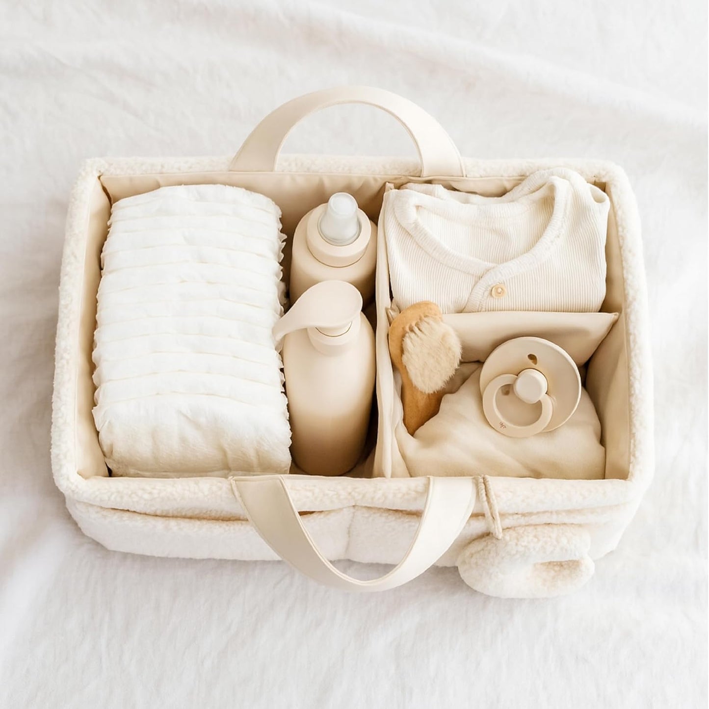 Bouclé Diaper Caddy Organizer with Matching Pouch and Moon Pendant, Portable Baby Changing Table Storage Basket for Nursery, Baby Essentials and Baby Shower Gift, Cream