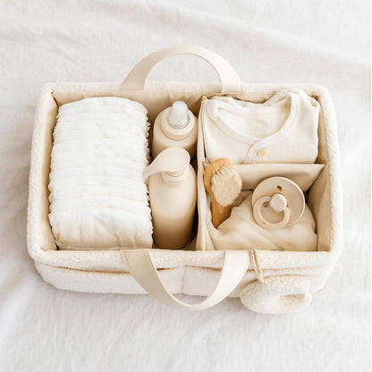 Bouclé Diaper Caddy Organizer with Matching Pouch and Moon Pendant, Portable Baby Changing Table Storage Basket for Nursery, Baby Essentials and Baby Shower Gift, Cream