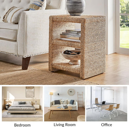 Rattan Nightstand with 2 Open Shelves, Coastal Seagrass End Table, Natural Boho Side Table for Bedroom & Living Room Storage