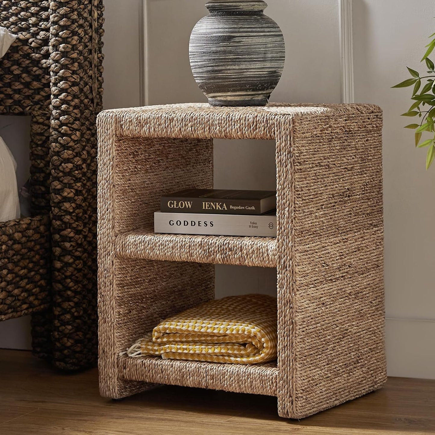 Rattan Nightstand with 2 Open Shelves, Coastal Seagrass End Table, Natural Boho Side Table for Bedroom & Living Room Storage