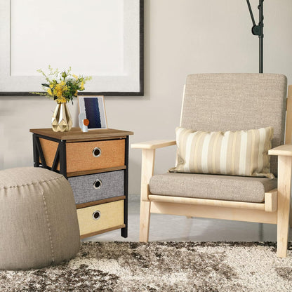 Set of 2 Nightstands with 3-Drawer Storage, Bedroom Bedside Tables with Wood Top and Fabric Bins, Compact Organizer Units for Home Office and Living Room, Black and Brown