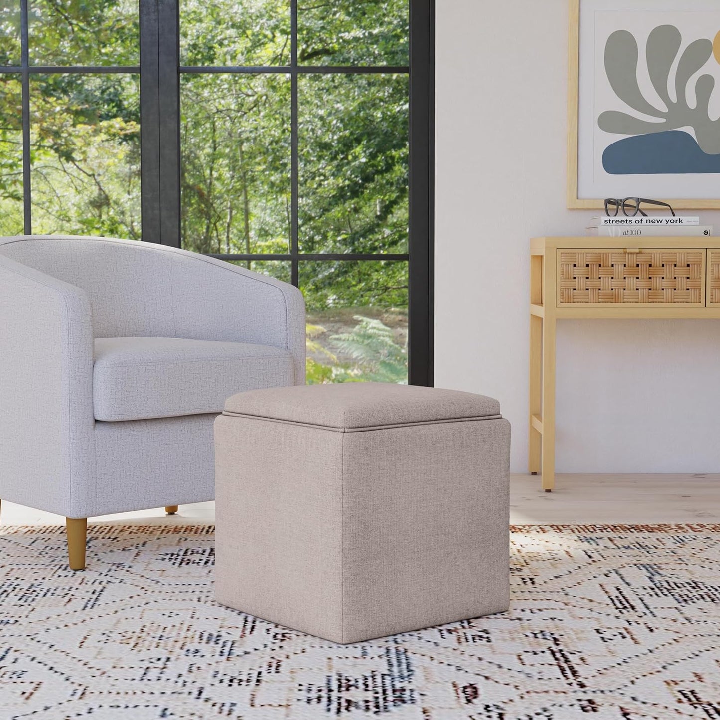Modern Square Storage Ottoman with Tray Top and Hidden Storage, Upholstered Woven Footrest Coffee Table for Living Room, Bedroom and Home Décor, Light Brown