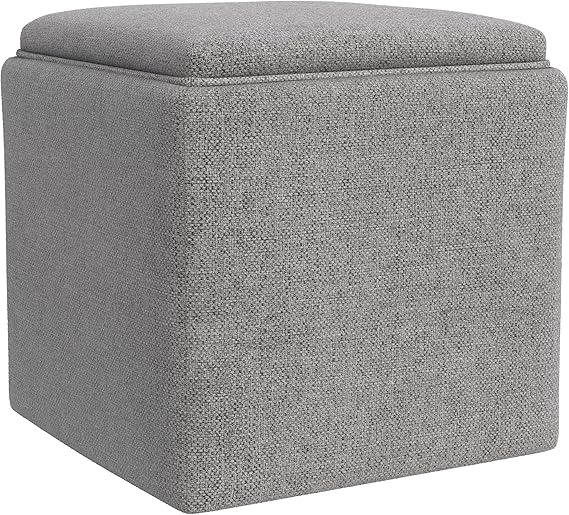 Modern Square Storage Ottoman with Tray Top and Hidden Storage, Upholstered Woven Footrest Coffee Table for Living Room, Bedroom and Home Décor, Light Brown