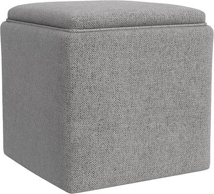 Modern Square Storage Ottoman with Tray Top and Hidden Storage, Upholstered Woven Footrest Coffee Table for Living Room, Bedroom and Home Décor, Light Brown