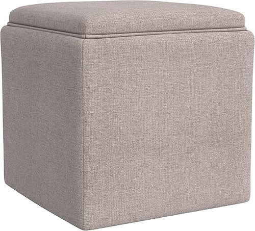 Modern Square Storage Ottoman with Tray Top and Hidden Storage, Upholstered Woven Footrest Coffee Table for Living Room, Bedroom and Home Décor, Light Brown