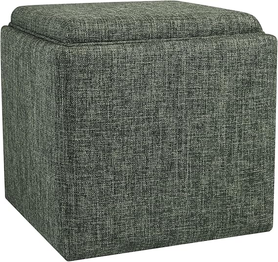Modern Square Storage Ottoman with Tray Top and Hidden Storage, Upholstered Woven Footrest Coffee Table for Living Room, Bedroom and Home Décor, Light Brown