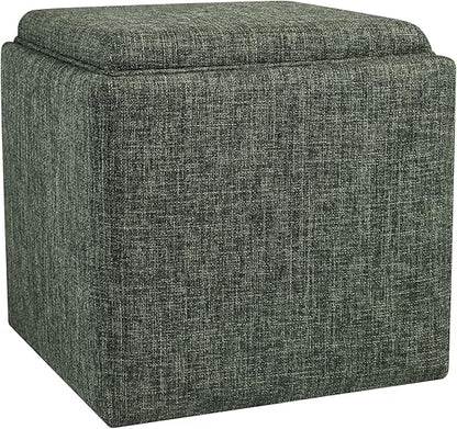 Modern Square Storage Ottoman with Tray Top and Hidden Storage, Upholstered Woven Footrest Coffee Table for Living Room, Bedroom and Home Décor, Light Brown